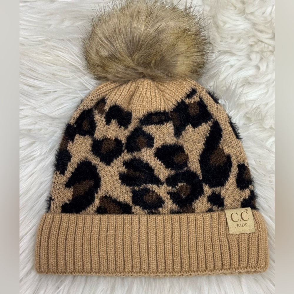C.C Exclusives Soft Beanie Hat with Leopard Print Pattern and Faux Fur Pom